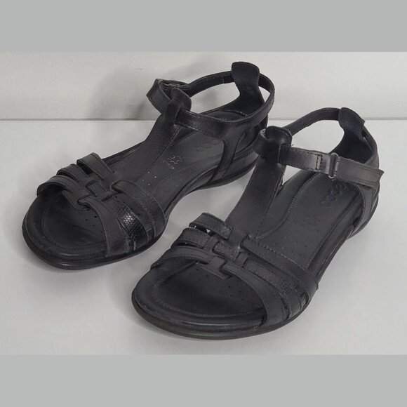 Ecco Shoes - Ecco Womens Size 6 Black Sandals Shoes T Strap Gladiator Casual Flat Comfort